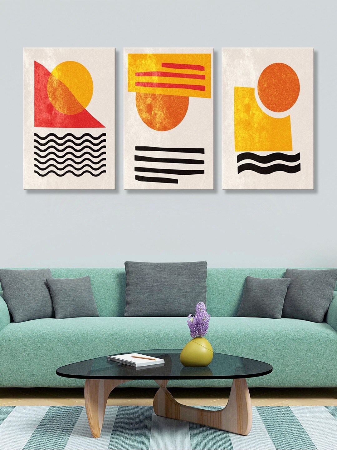 

999Store Set of 3 White & Yellow Abstract horizontal Wall Art
