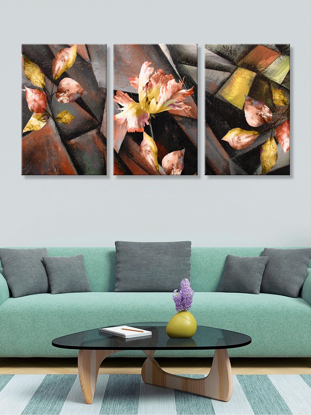 

999Store Set Of 3 Multicolor Printed Bougainvillea Wall Painting, Multi