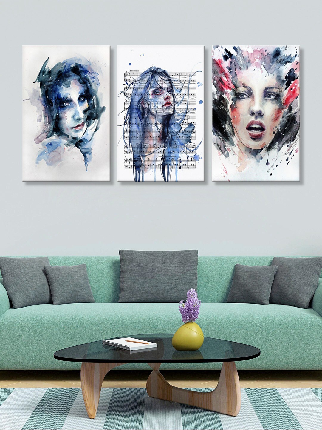 

999Store Set Of 3 White & Blue Women Face Art Panel Wall Painting