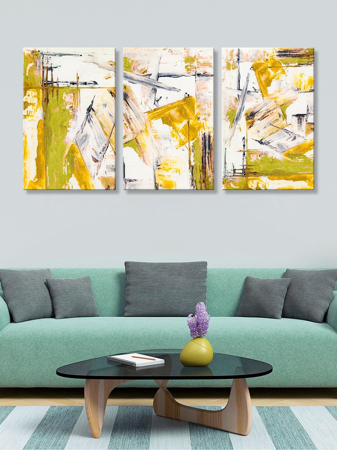 

999Store Set of 3 Yellow & White Abstract Canvas Painting Wall Art