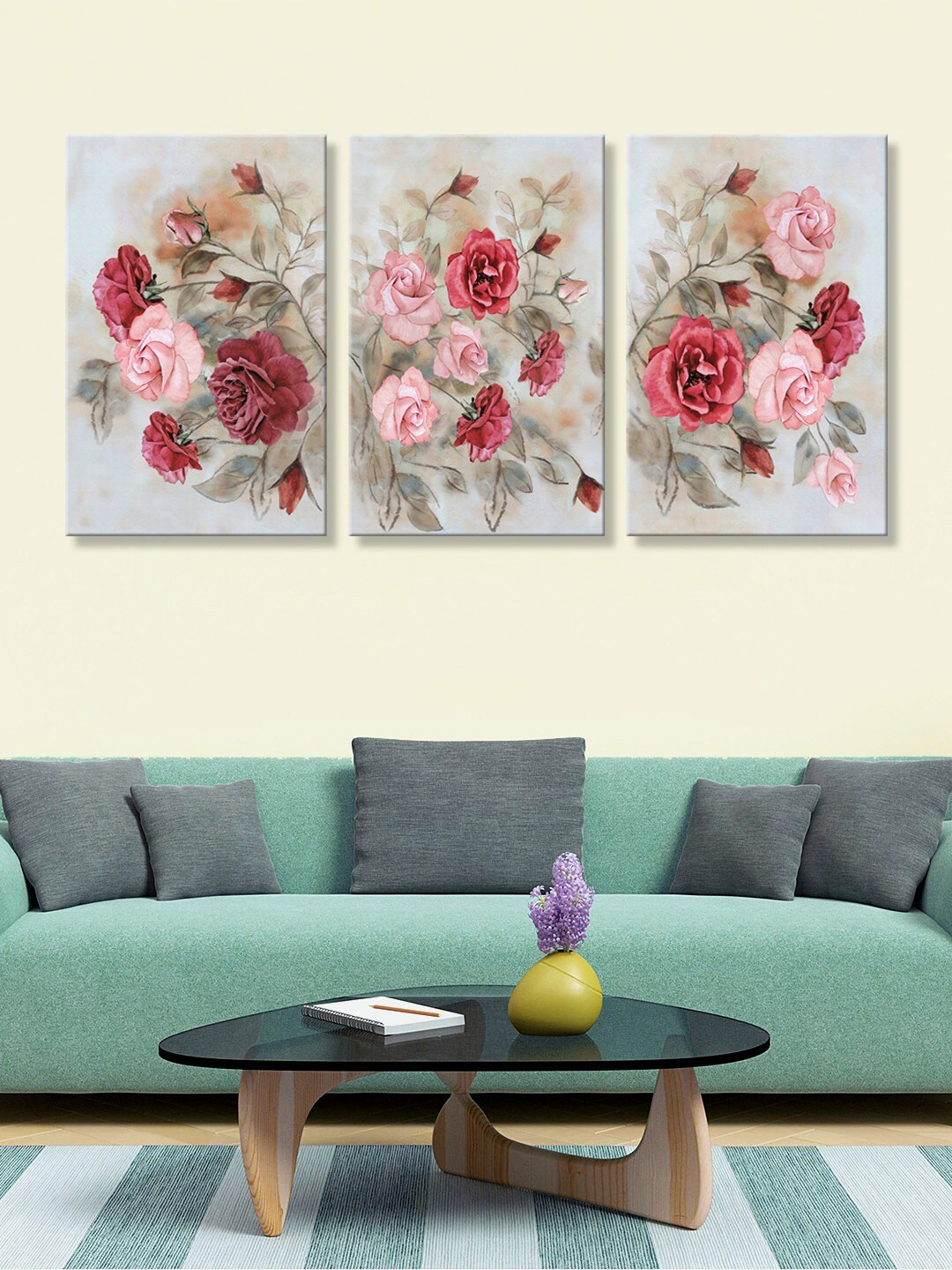 

999Store Set of 3 White & Red Floral HD Canvas Wall Paintings