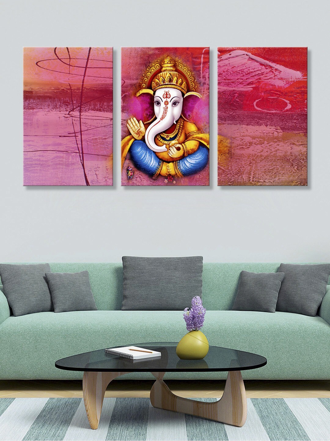 

999Store Red & Yellow Set of 3 Lord Ganesha Canvas Wall Art