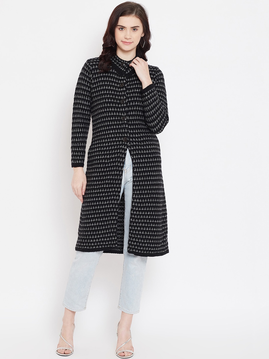 

Zigo Women Black Self Design Cardigan Sweater
