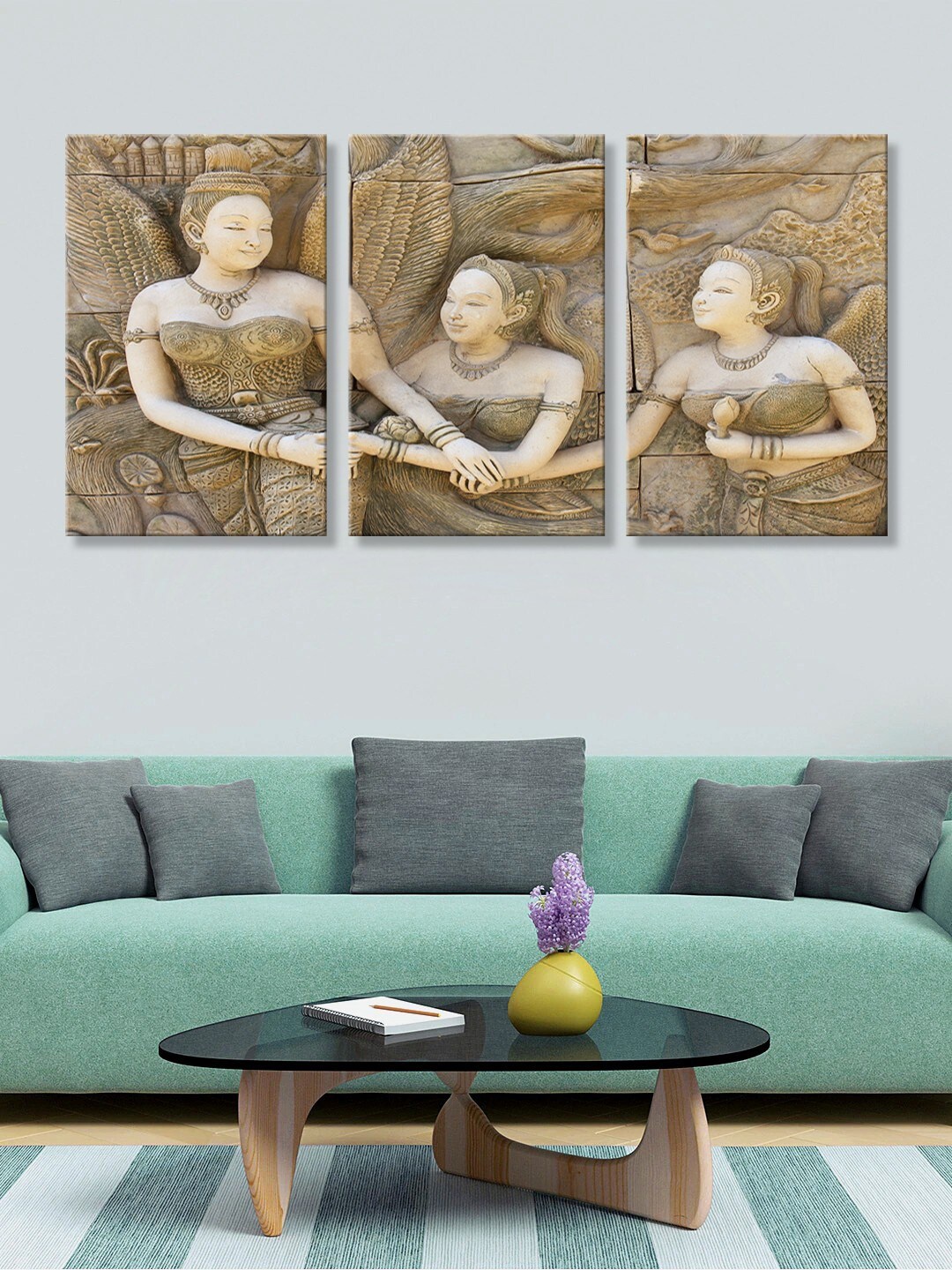 

999Store Set Of 3 Brown & Off-White Alabaster Mural Canvas Wall Painting