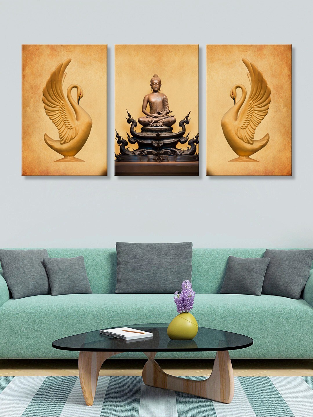 999Store Set of 3 Brown & Gold-Toned Lord Buddha & Swans HD Canvas Wall Paintings