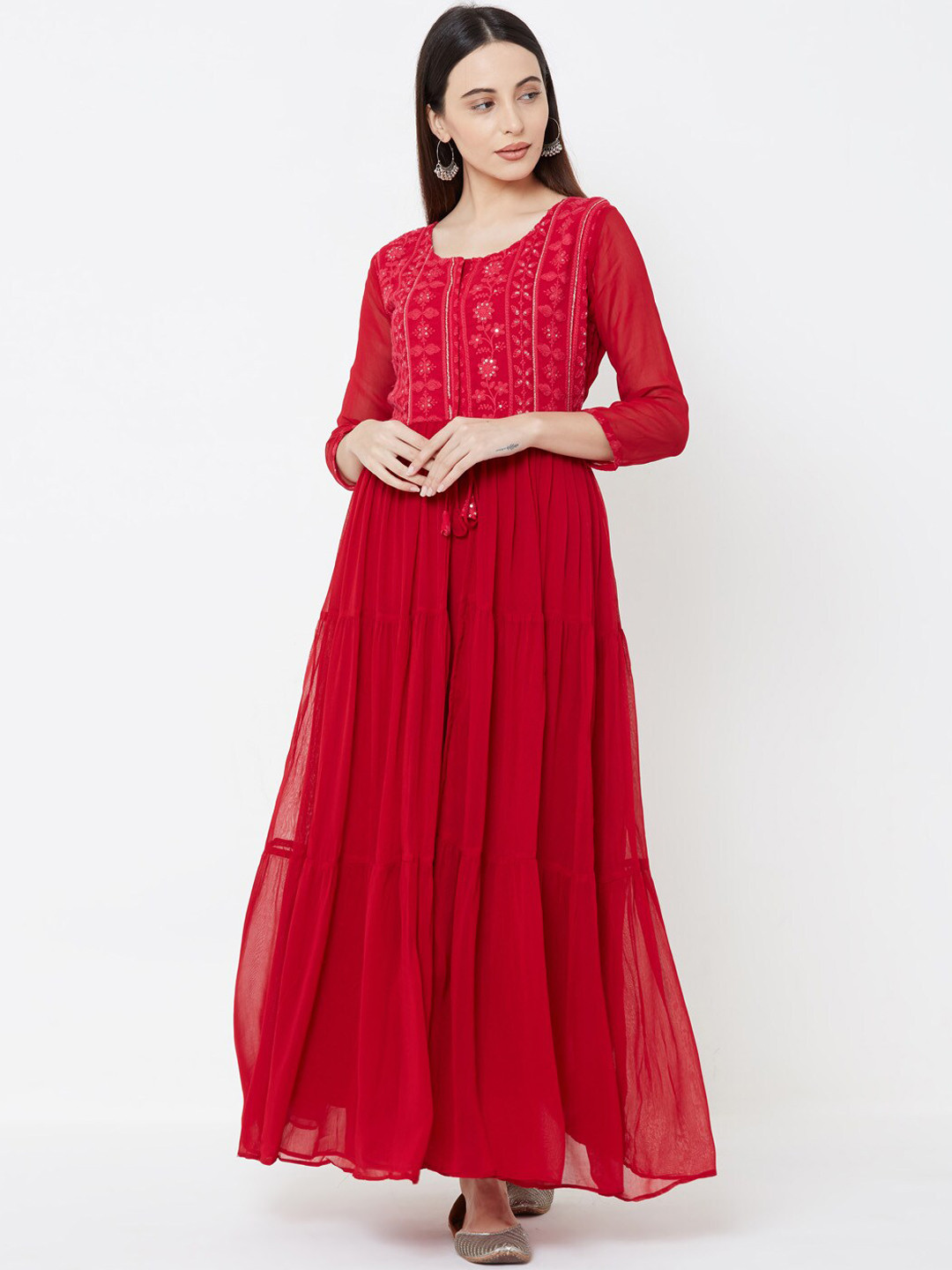 

FASHOR Women Red Embroidered Kurta with Palazzos