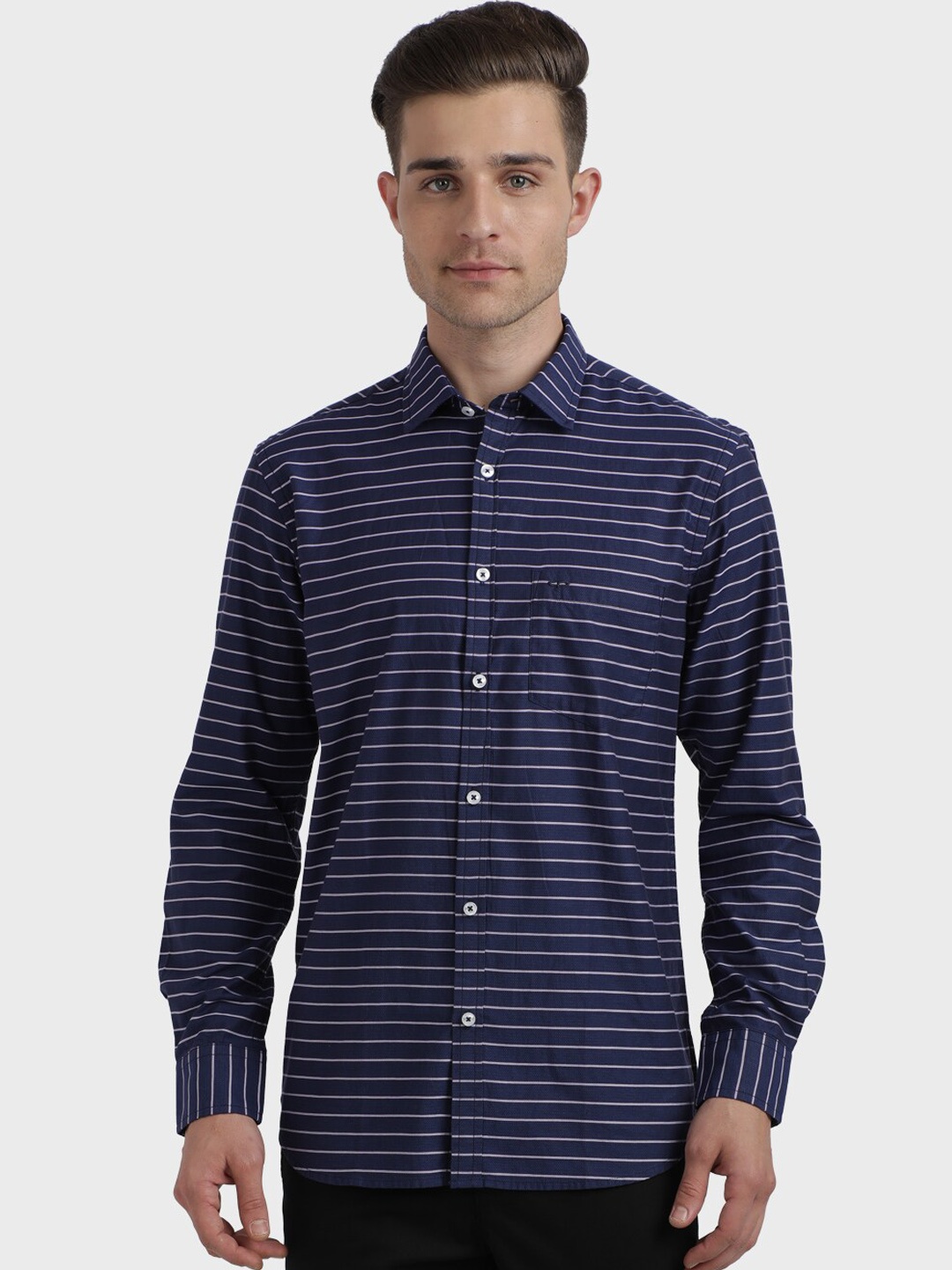 

ColorPlus Men Navy Blue & White Regular Fit Striped Casual Shirt