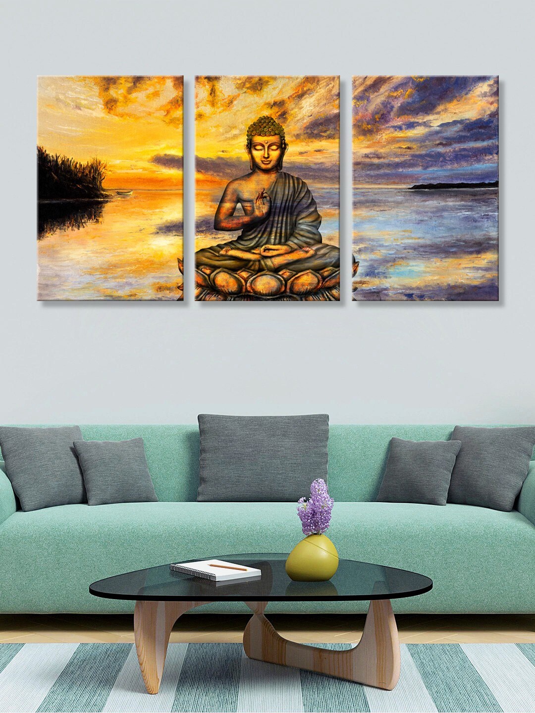 

999Store Set Of 3 Yellow & Blue Printed Buddha Canvas Wall Painting