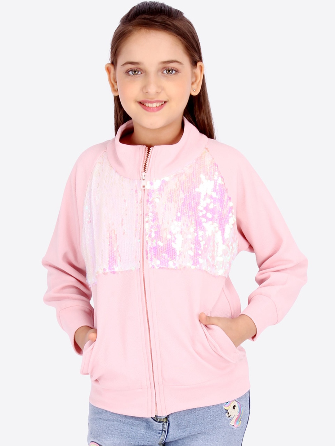 

CUTECUMBER Girls Pink Printed Sequinned Bomber Jacket