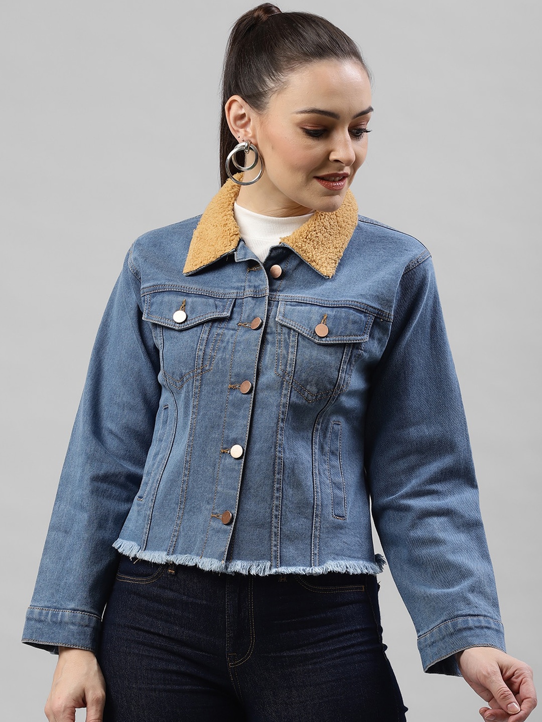 

KASSUALLY Women Blue Solid Denim Jacket