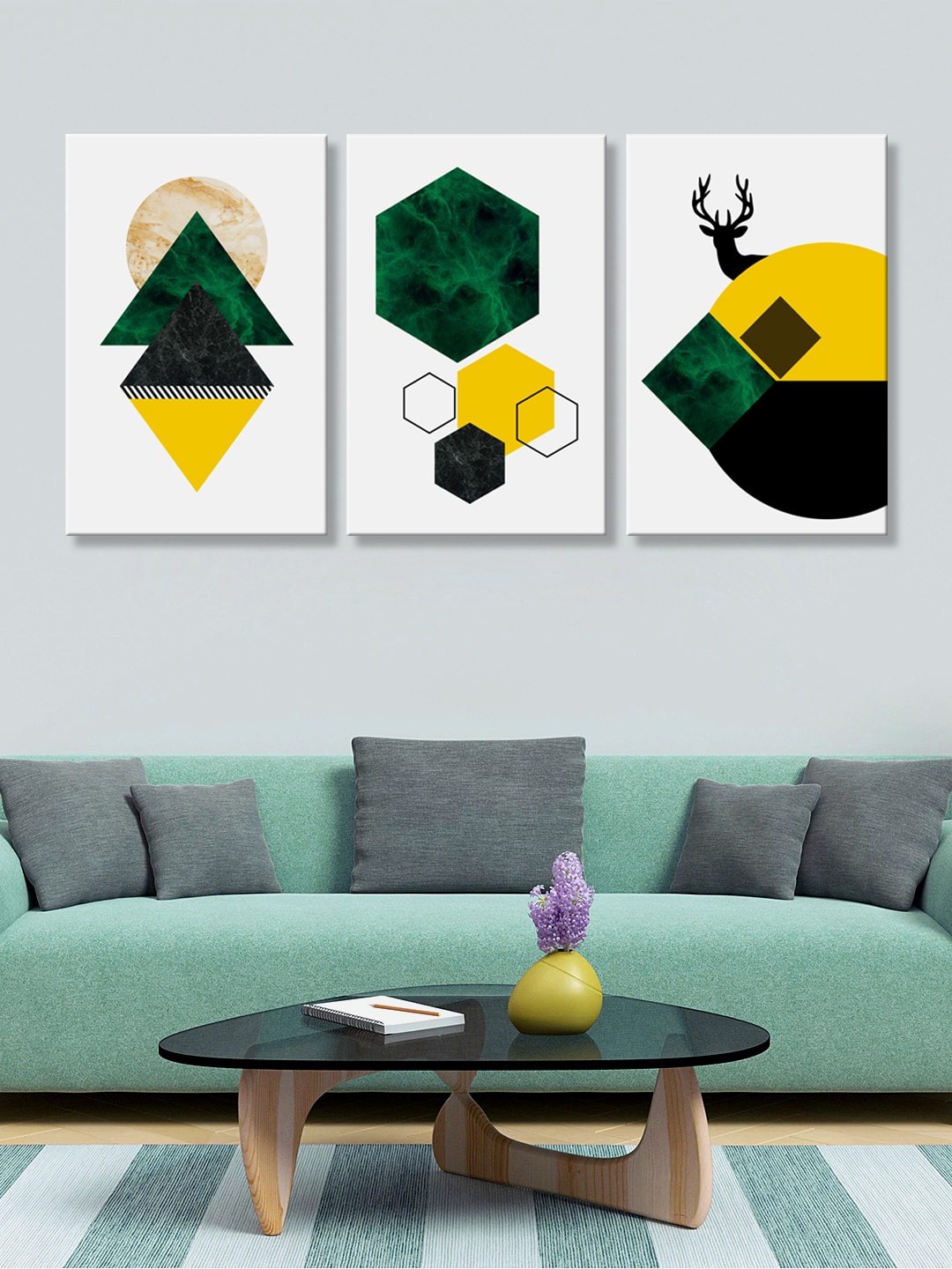 

999Store Set of 3 Green & Yellow Geometric Art Panels Canvas Painting Wall Art