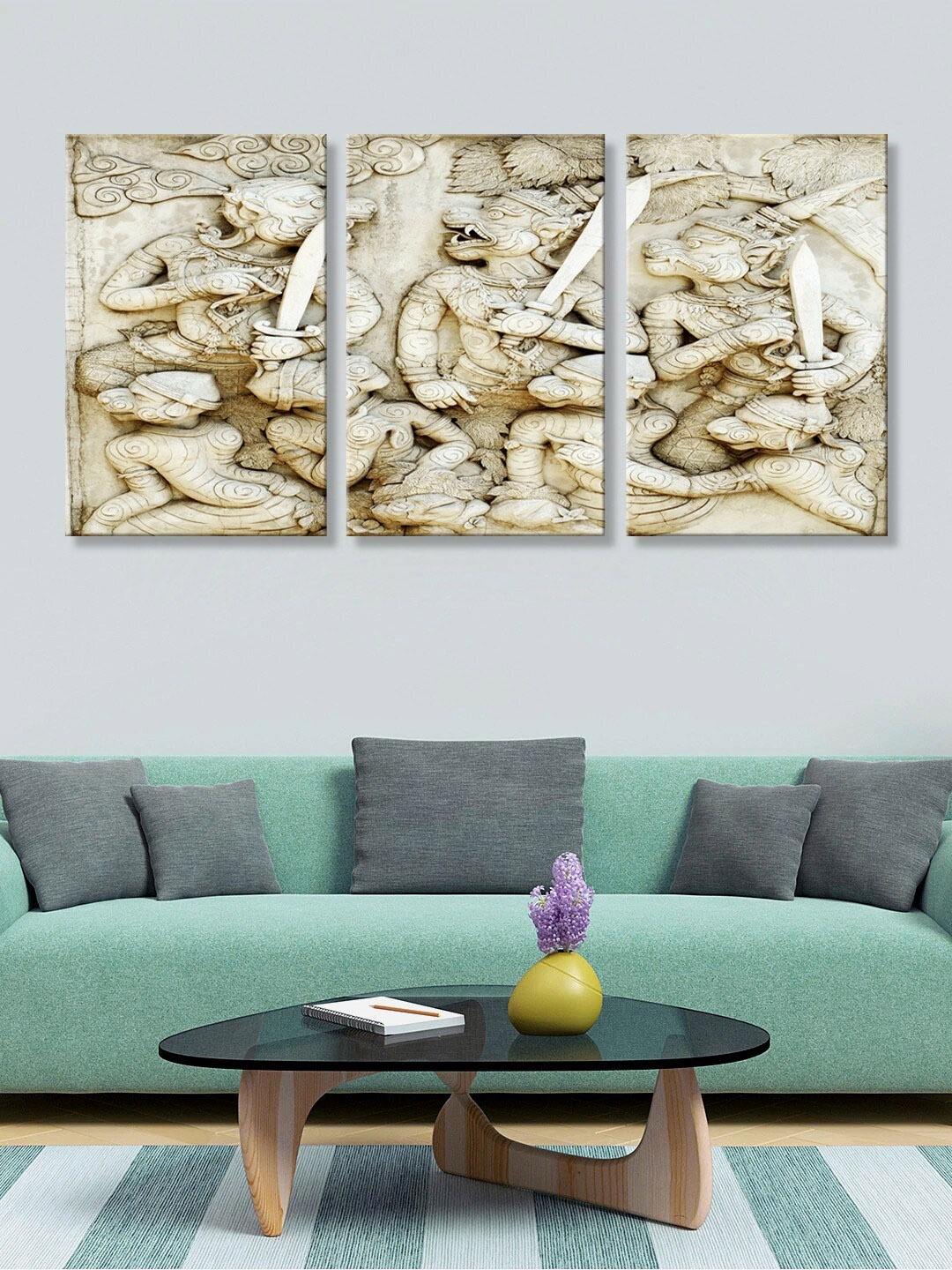 999Store Set of 3 White & Beige Murals HD Canvas Wall Paintings