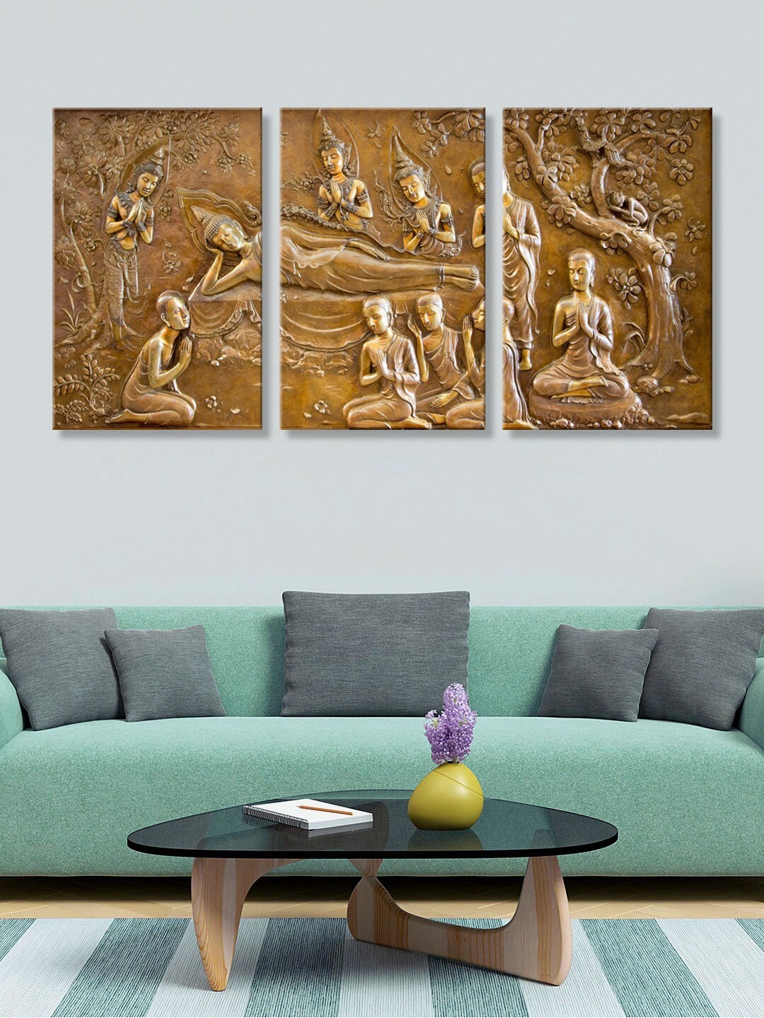 

999Store Set of 3 Brown & Gold-Coloured Mural Lord Buddha Painting Wall Art
