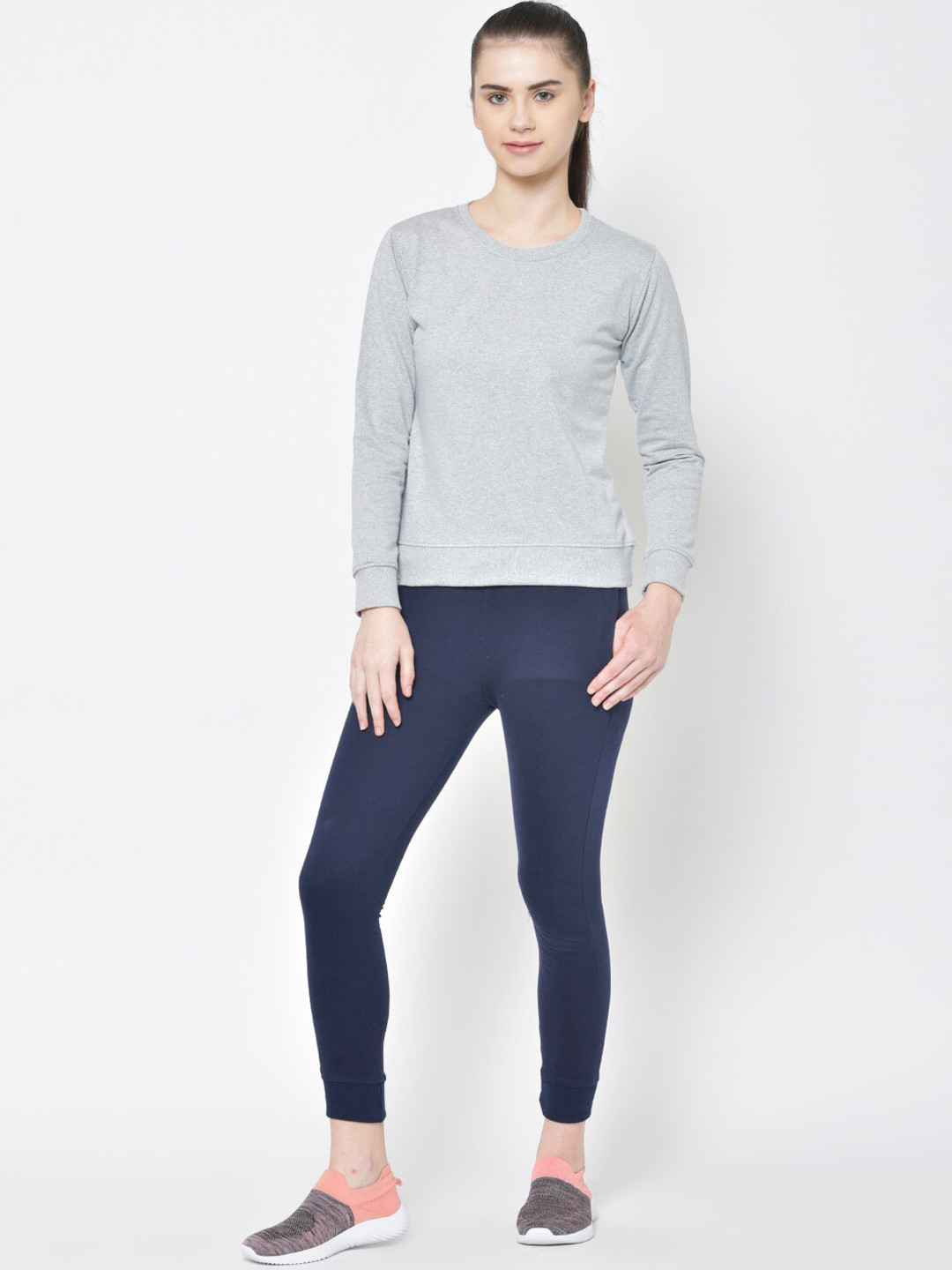 

American-Elm Women Grey & Navy Blue Solid Slim Fit Track Suit