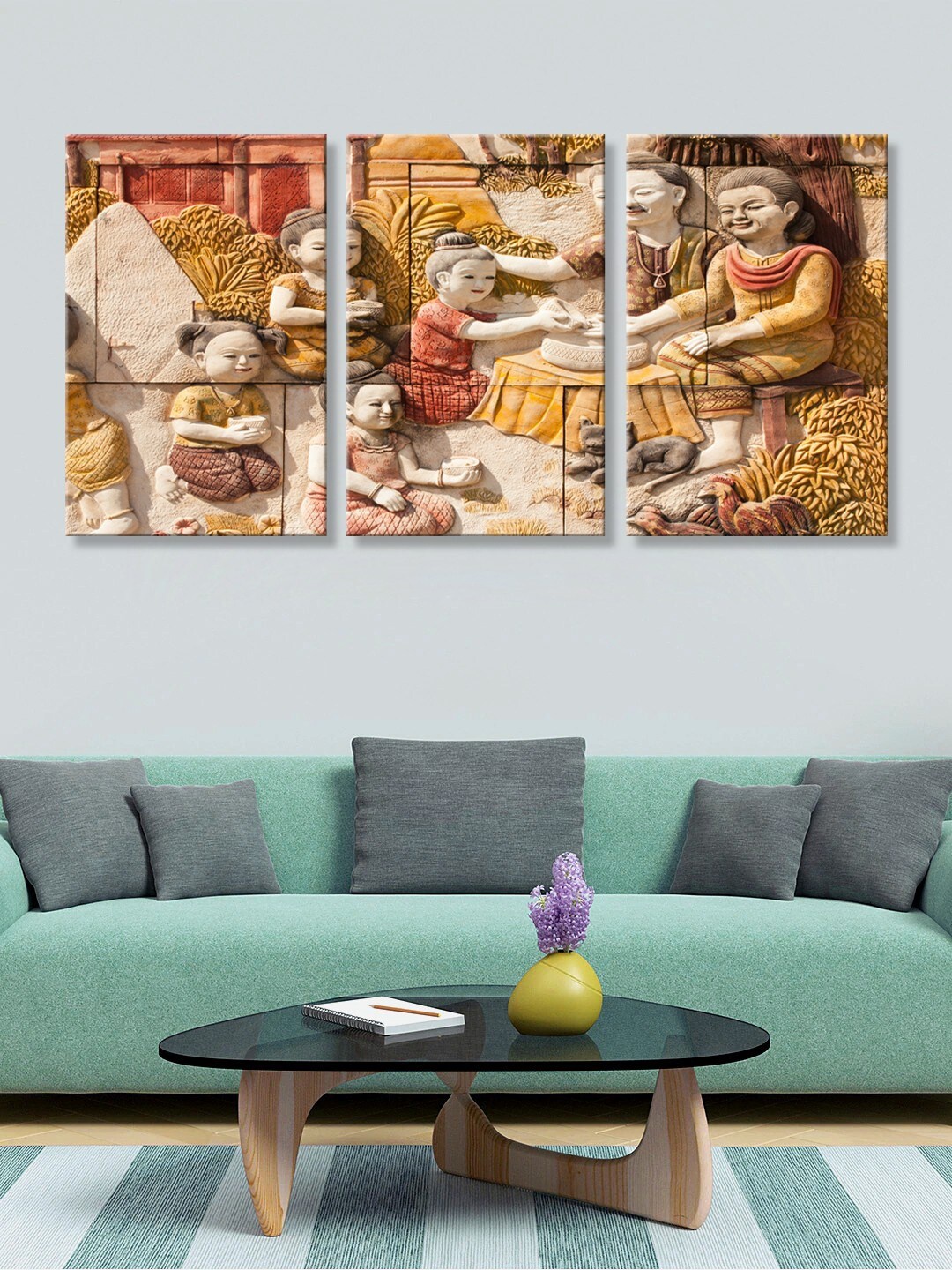 

999Store Set of 3 Brown & Orange Lady with Children Canvas Wall Art