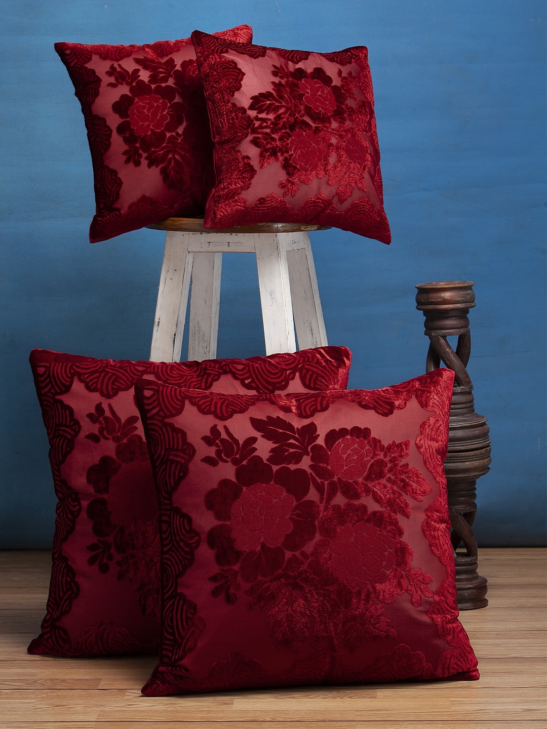 

HOSTA HOMES Maroon Set of 4 Self Design Square Cushion Covers