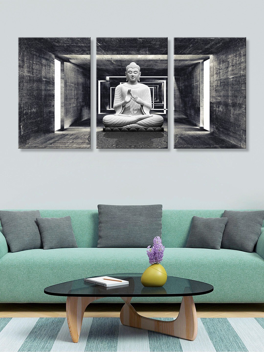 

999Store Black & White Buddha Printed 3 Panelled Canvas Painting