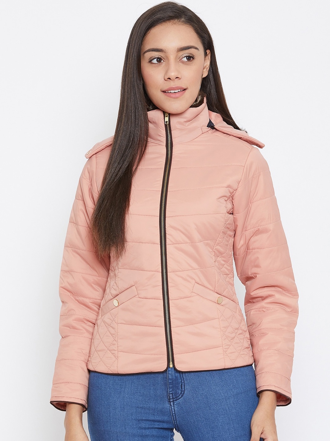 

Spirit Women Peach-Coloured Solid Windcheater Padded Jacket