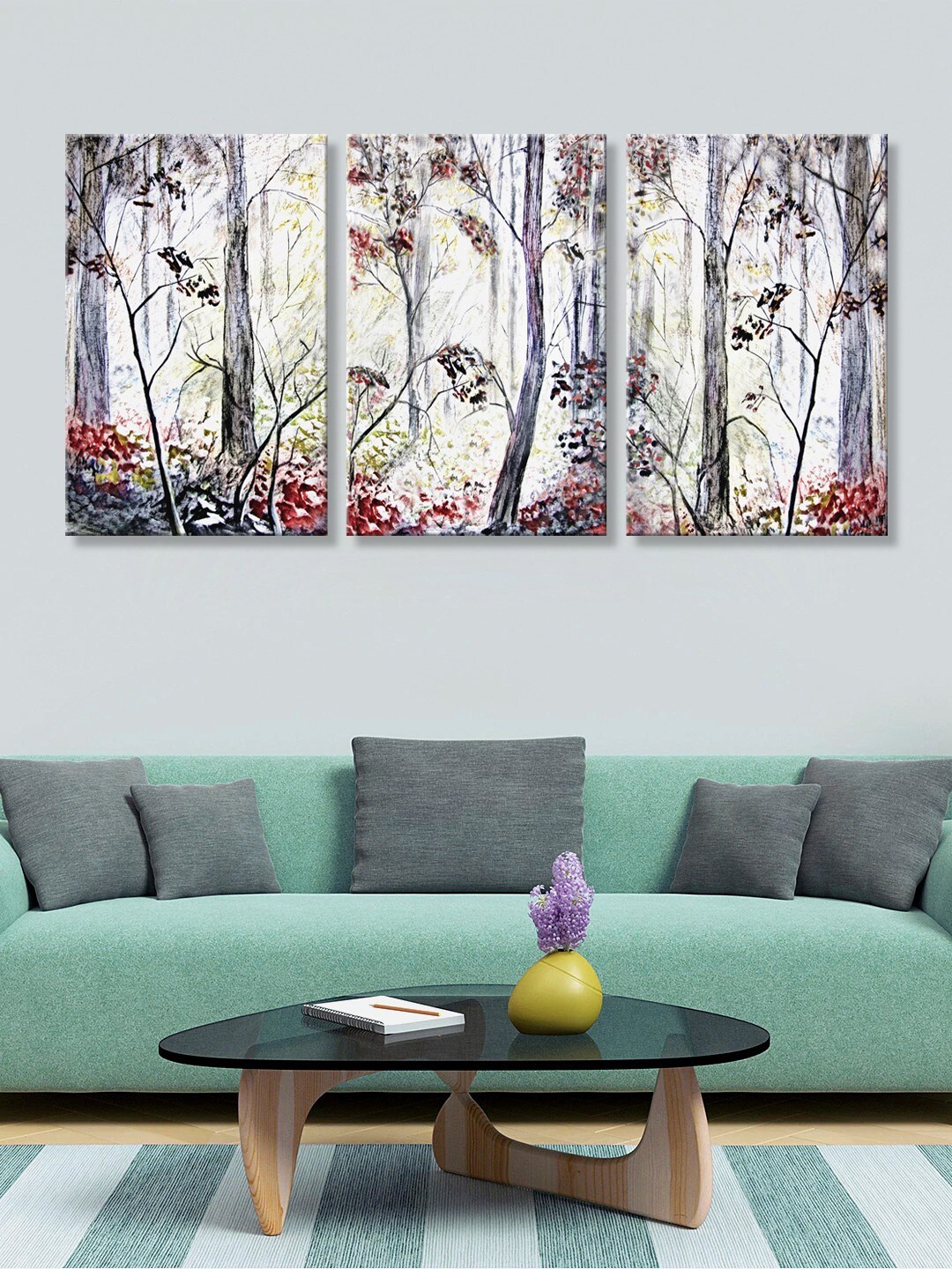 999Store Set of 3 Grey & Red Birch Leaves Trees HD Canvas Wall Paintings