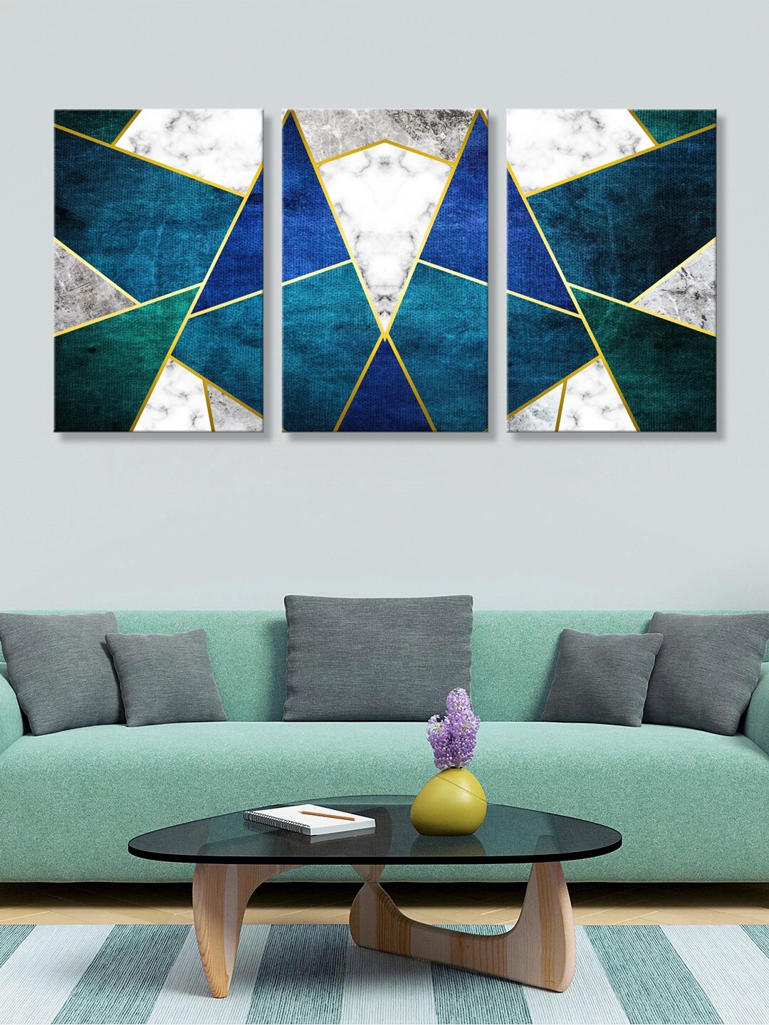 

999Store Set Of 3 Blue & Grey Abstract Wall Art Canvas Painting