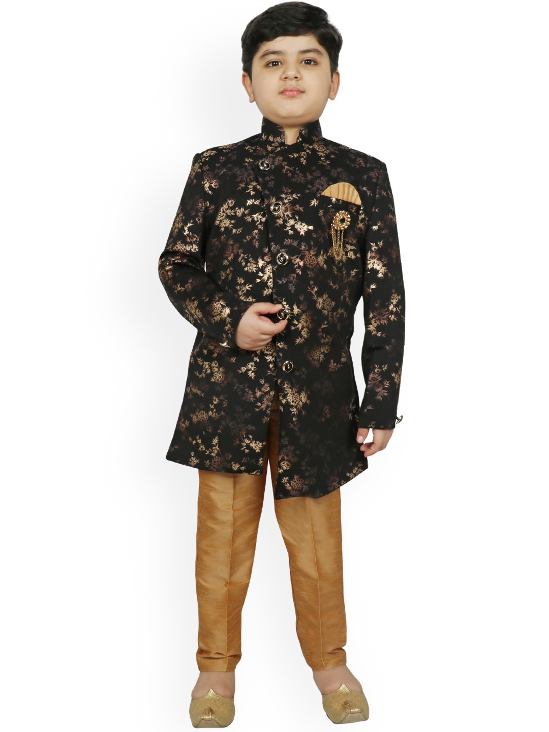 

SG YUVRAJ Boys Black & Copper Gold Coloured Silk Woven Design Sherwani Set