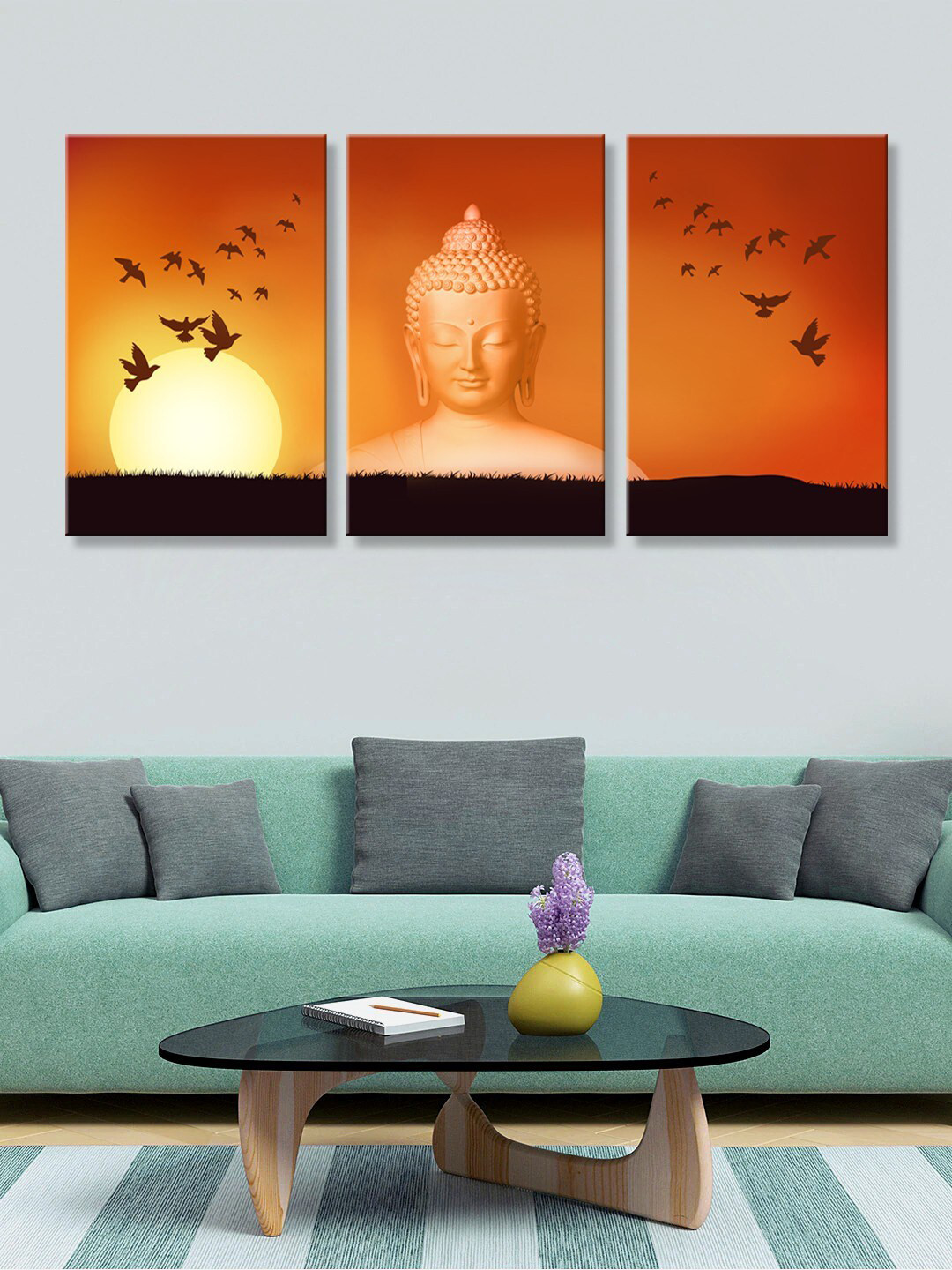 

999Store Brown & Black Buddha Background & Sunlight 3 Panelled Canvas Painting