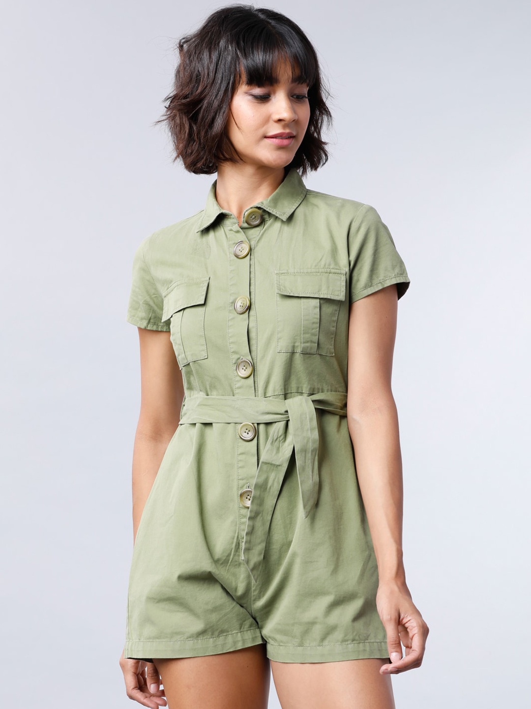

Tokyo Talkies Women Olive Green Solid Playsuit