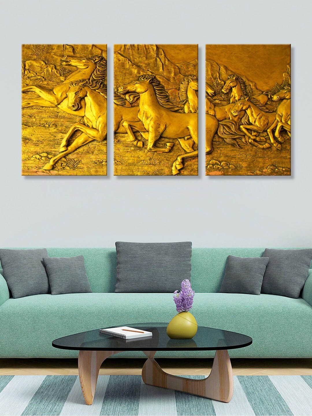 

999Store Set of 3 Gold-Coloured Running Horse Canvas Wall Art