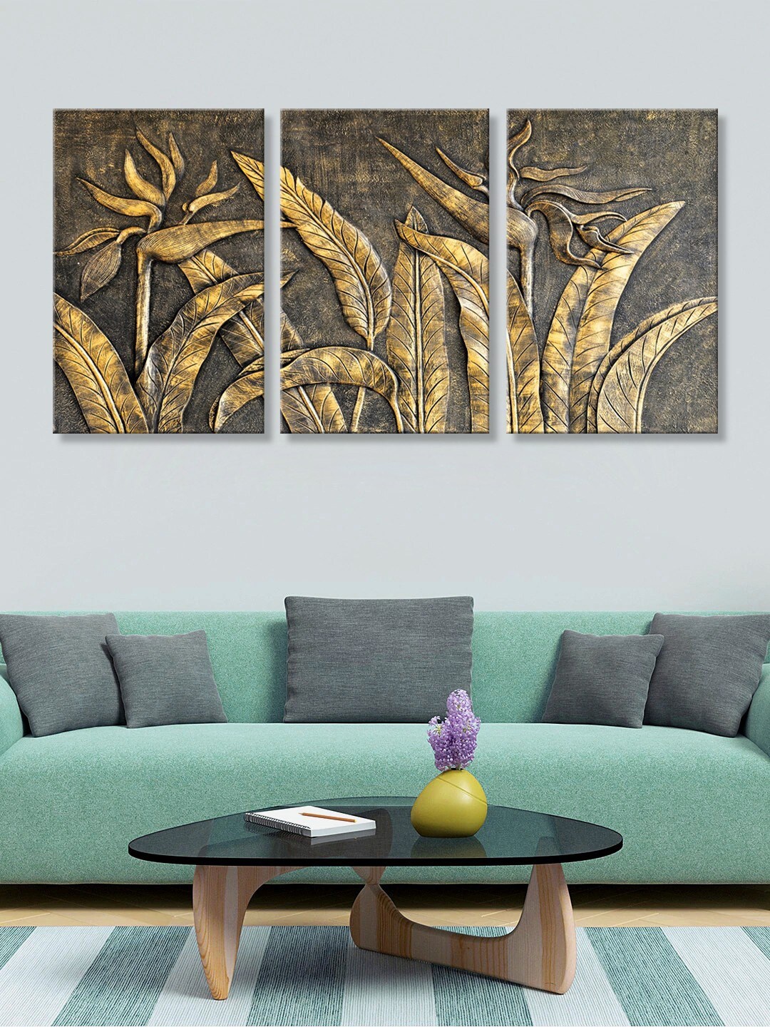 

999Store Set Of 3 Black & Beige Gray Teers Canvas Wall Painting