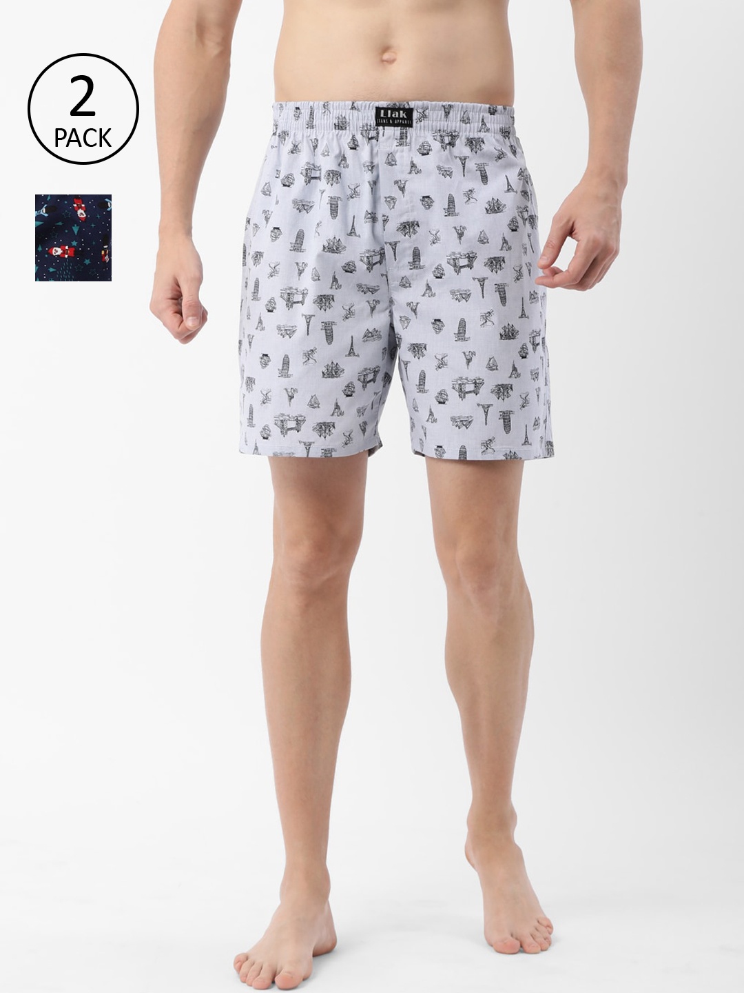 

Llak Jeans Men Pack of 2 Printed Pure Cotton Boxers Set-8-7-BP, Navy blue