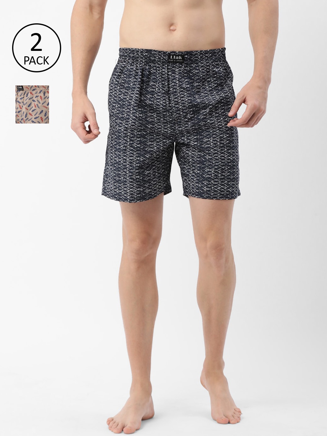 Llak Jeans Men Pack of 2 Navy Blue & Beige Printed Pure Cotton Boxers 6-10-SP