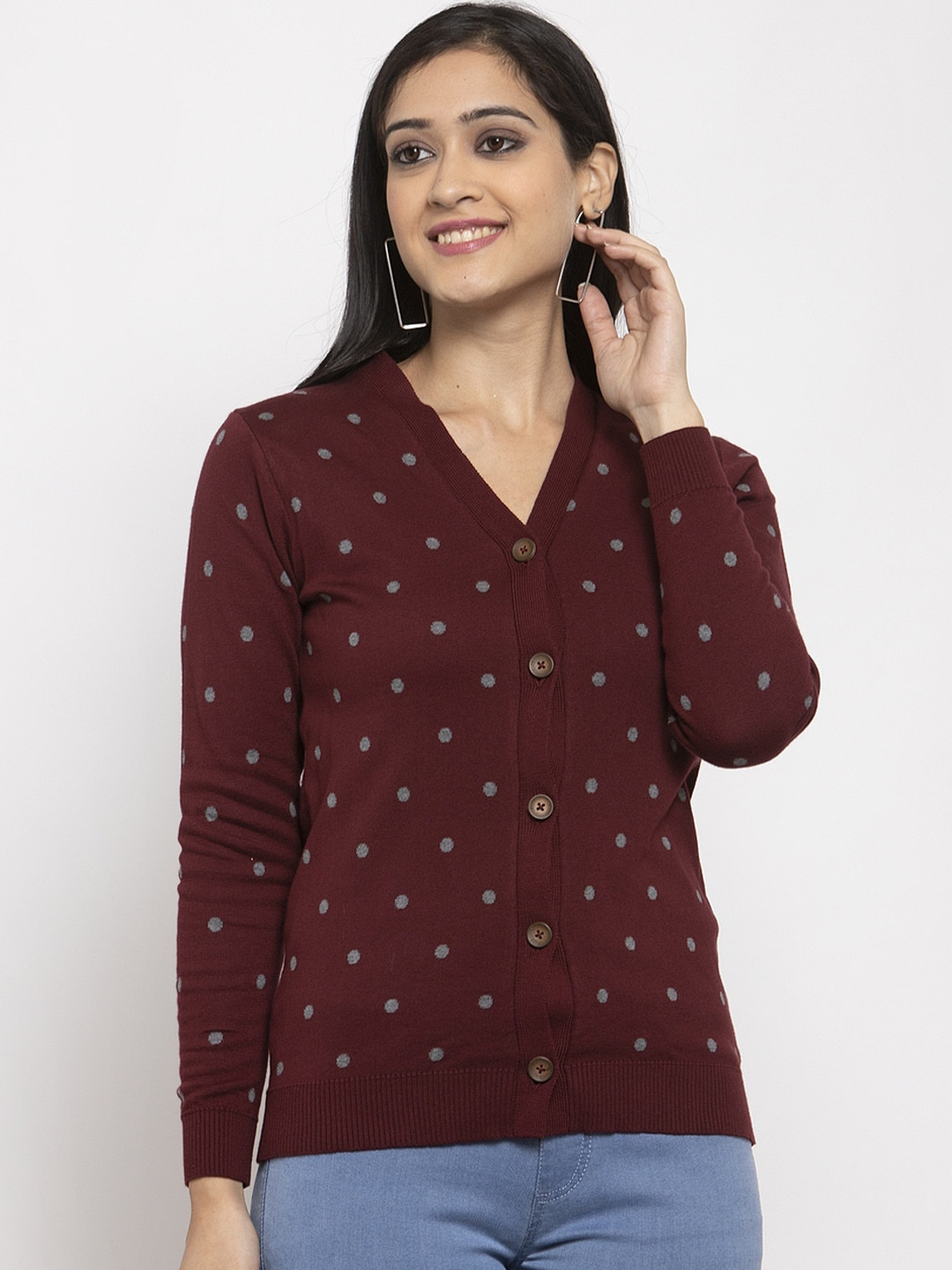 

Kalt Women Maroon Polka Dots Cardigan Sweater