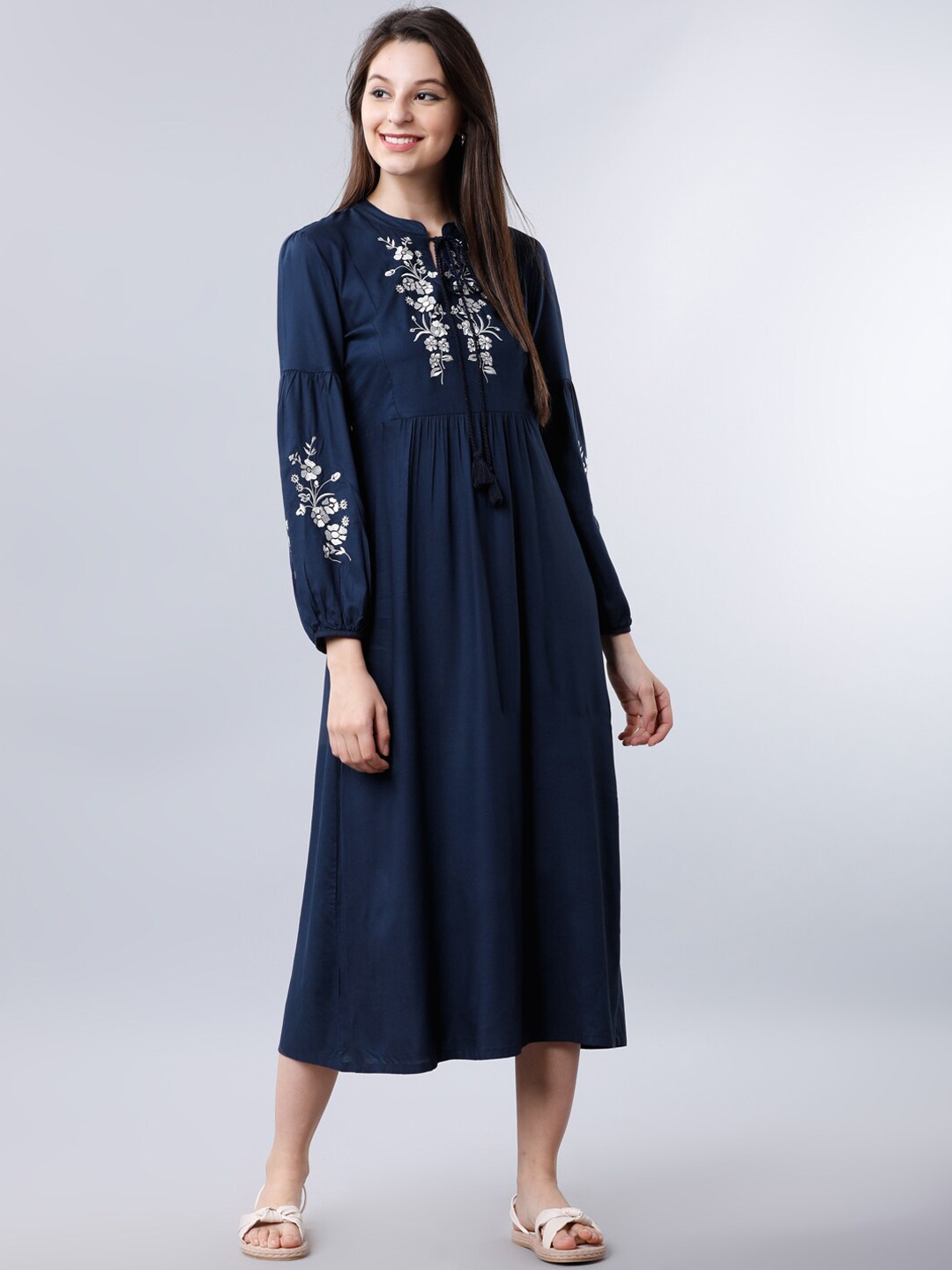 

Vishudh Women Navy Blue Embroidered A-Line Dress