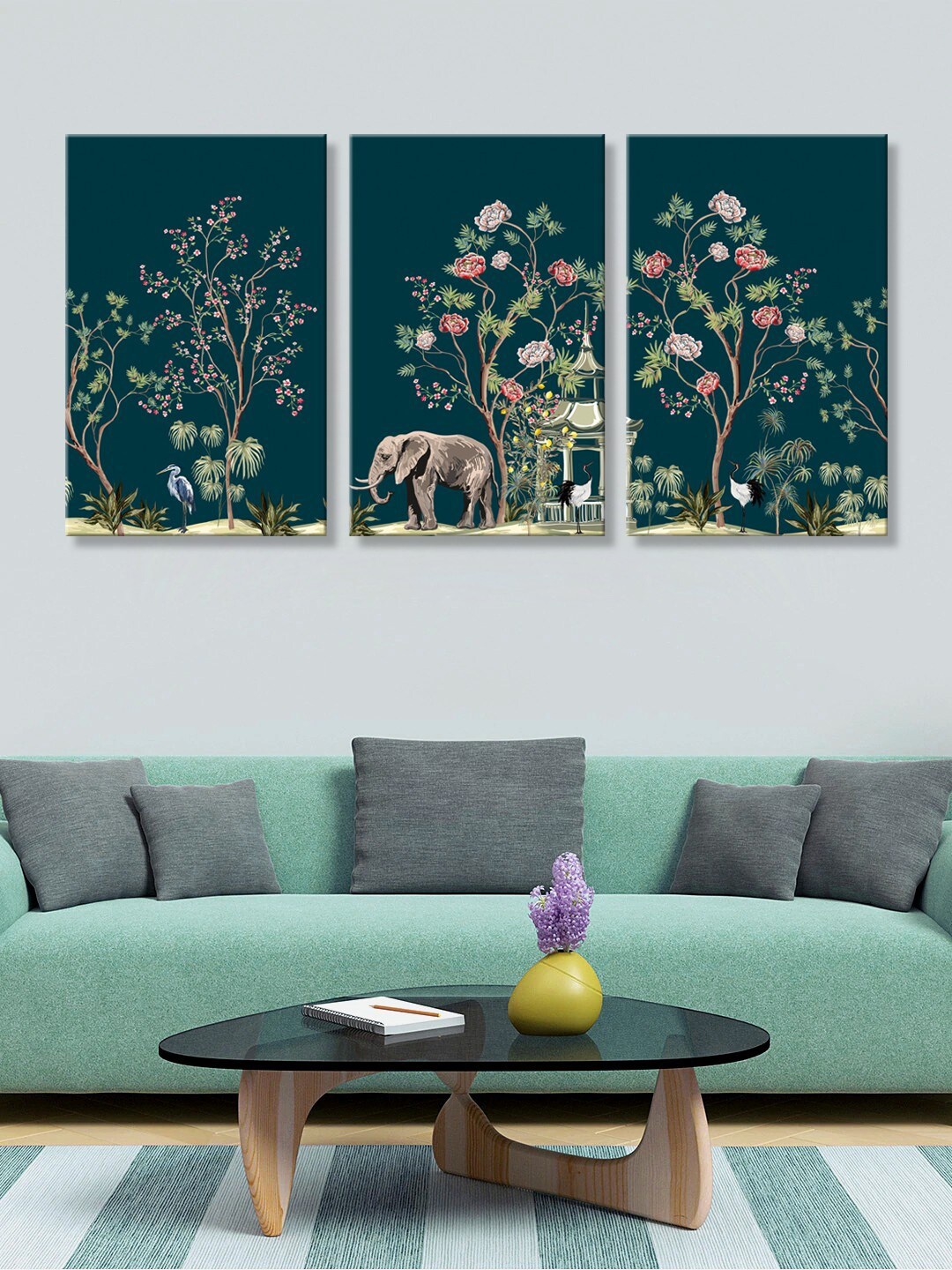 

999Store Set Of 3 Green & Red Flamingo Bird Animals Flowers Wall Painting
