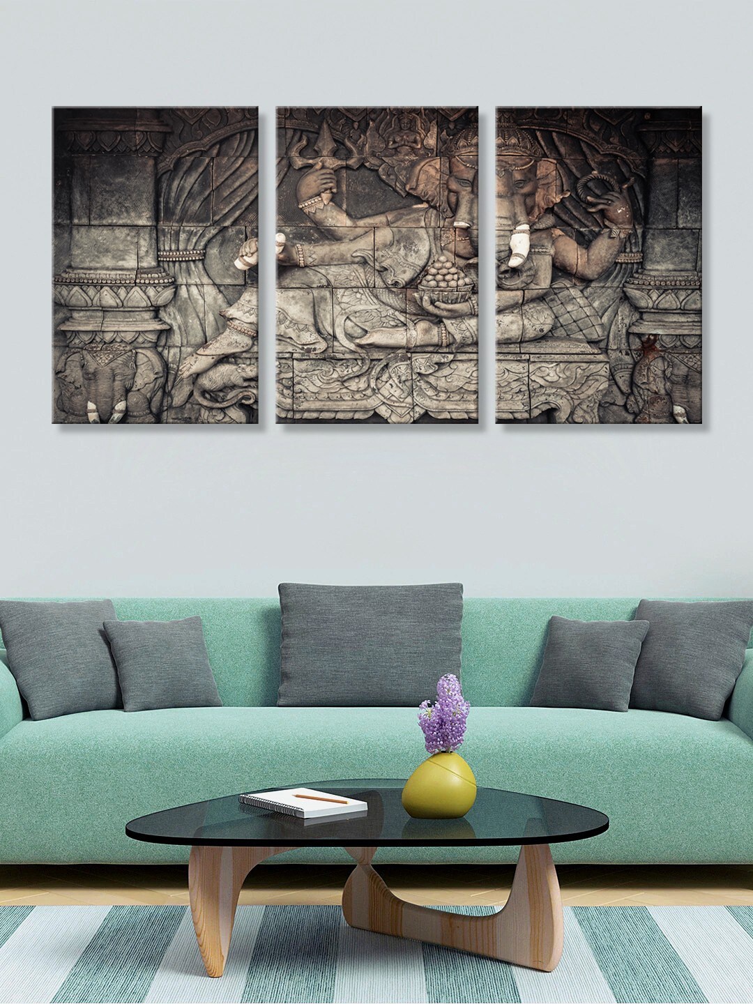 999Store Set of 3 Brown Lord Ganesha Canvas Wall Art
