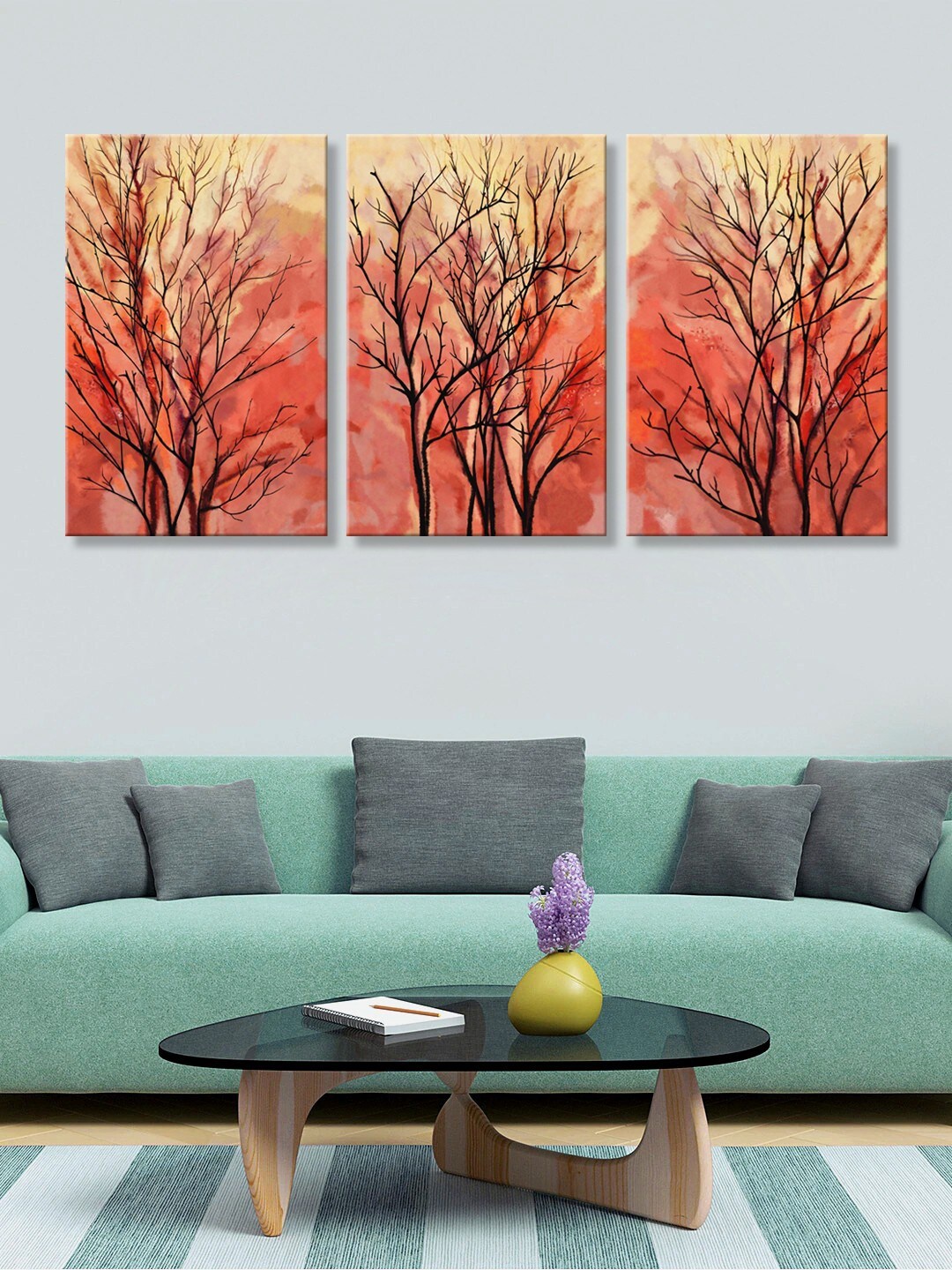999Store Set Of 3 Brown & Red Galhos Secos Art Panel Wall Painting