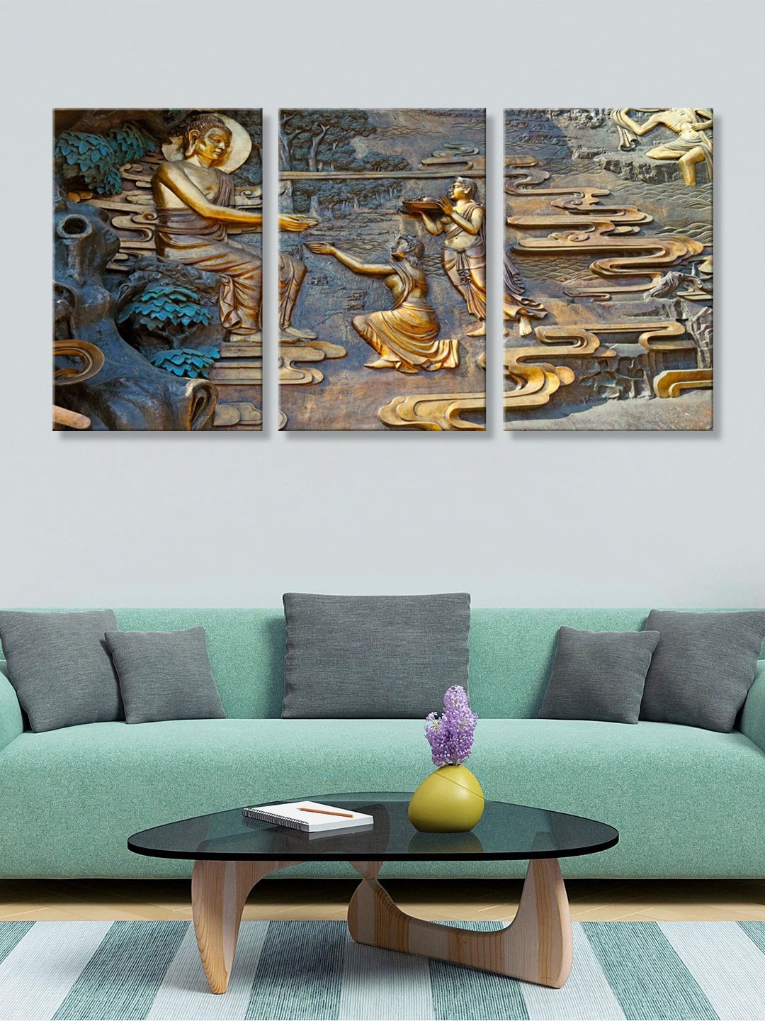 

999Store Set of 3 Gold-Coloured & Blue Lord Buddha Floral Pattern Painting Wall Art
