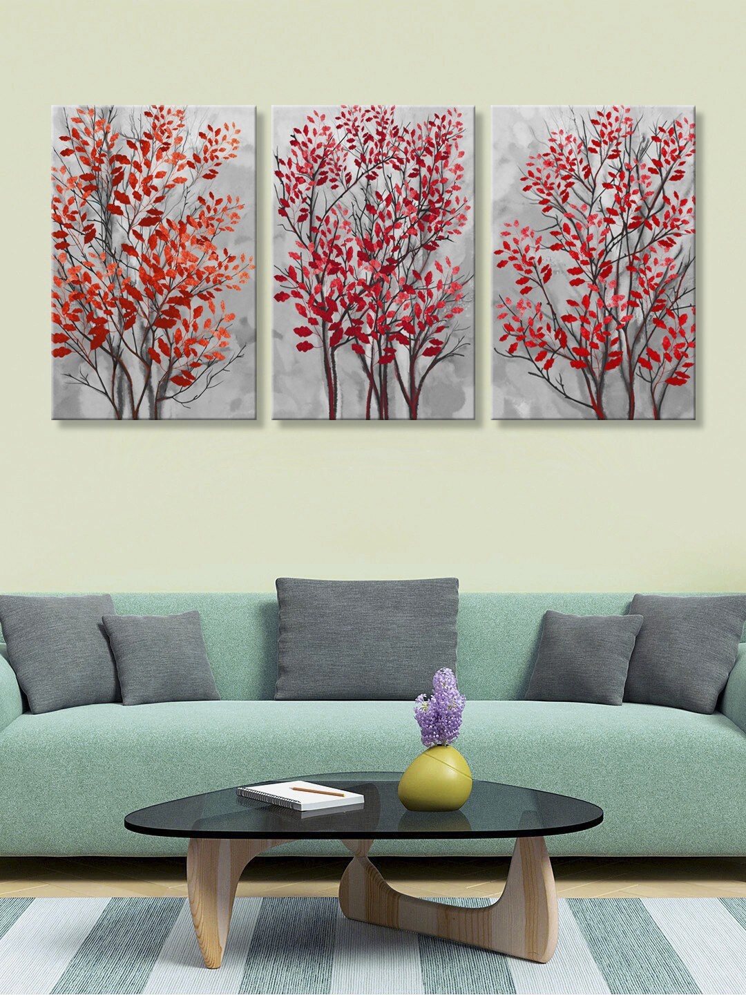 

999Store Set Of 3 Grey & Red Flower Printed Canvas Paintings
