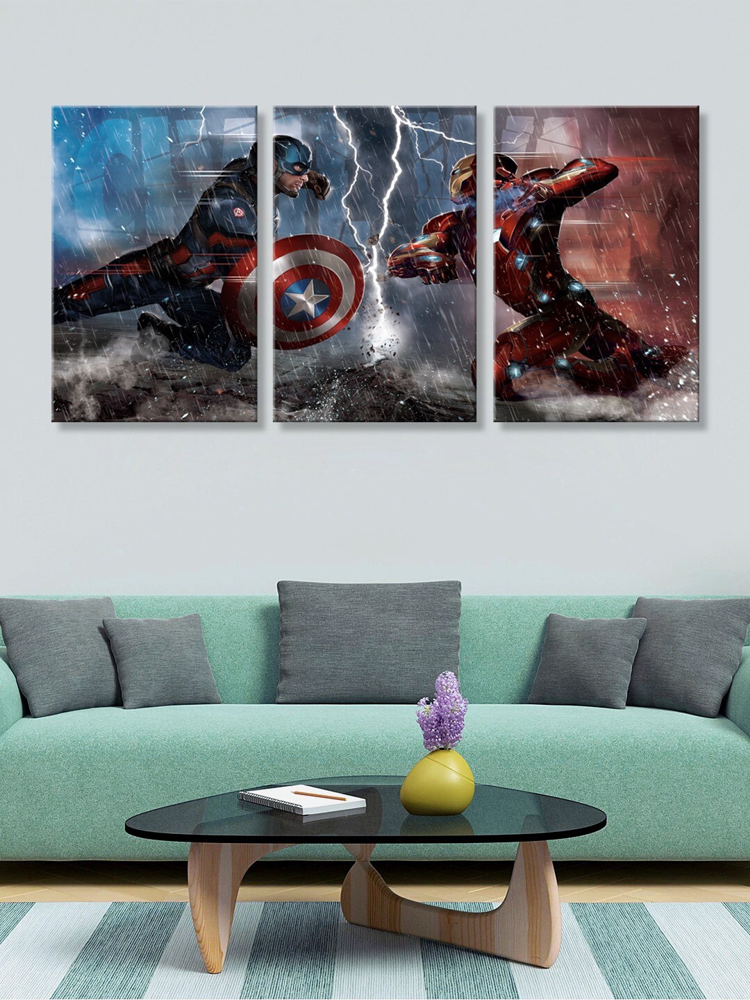 

999Store Set of 3 Blue & Red Avengers Fight Canvas Painting Wall Art