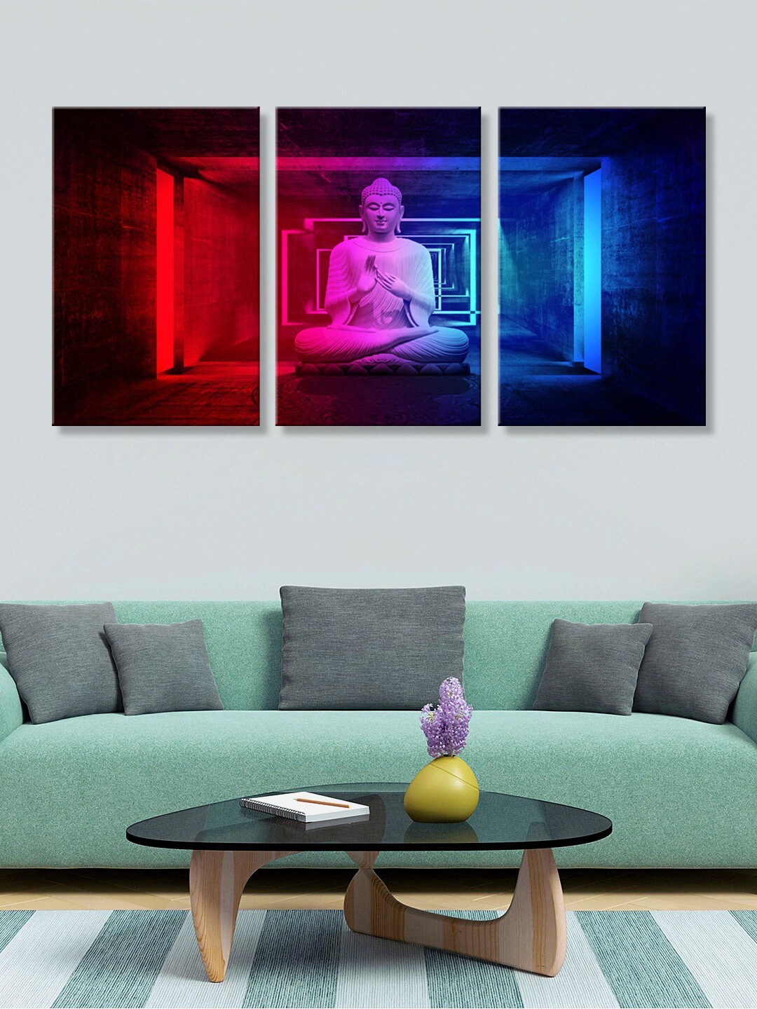 

999Store Set Of 3 Blue & Red Lord Buddha Printed Canvas Wall Art