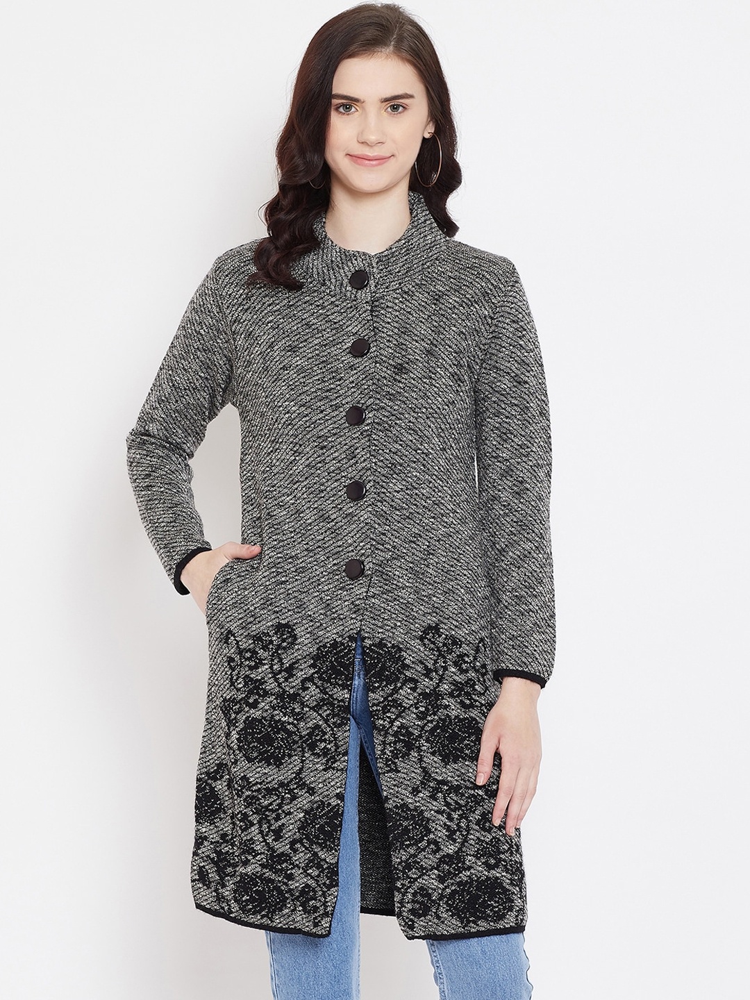 

Zigo Women Grey Self Design Cardigan Sweater