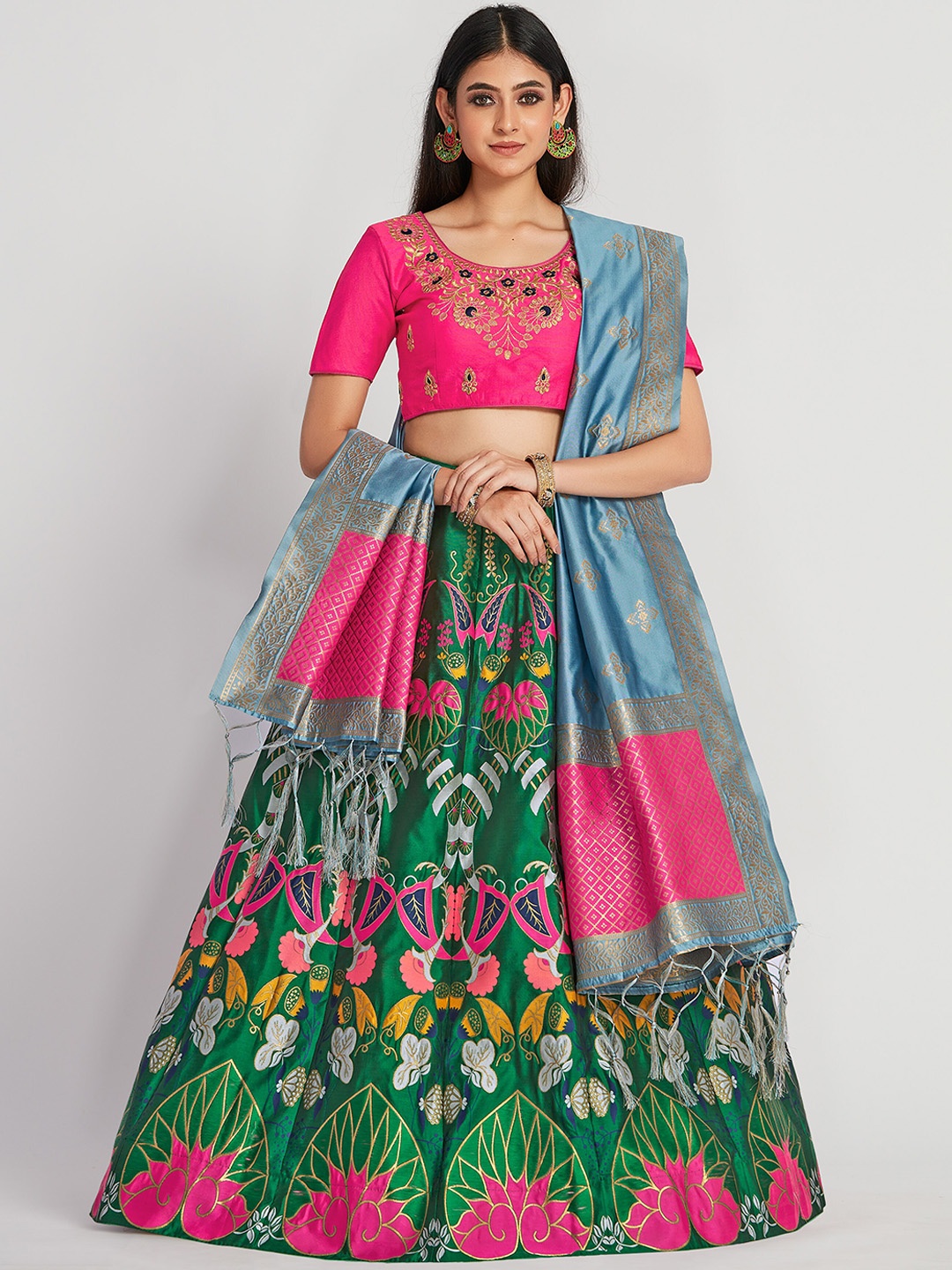 

MIMOSA Pink & Green Embroidered Semi-Stitched Lehenga & Blouse with Dupatta