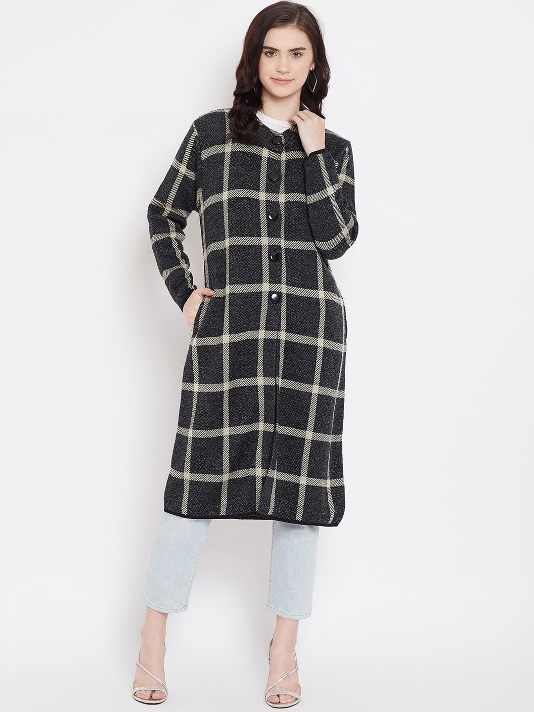 Zigo Women Black Checked Front-Open Sweater