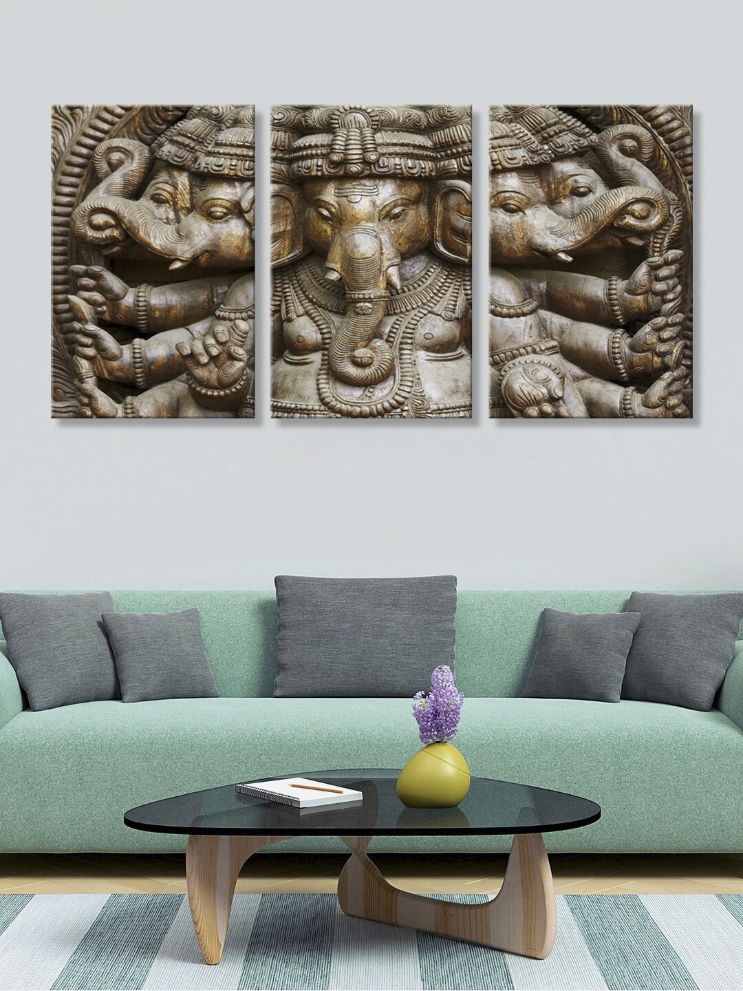 

999Store Brown Set of 3 Lord Ganesha Canvas Printed Wall Art