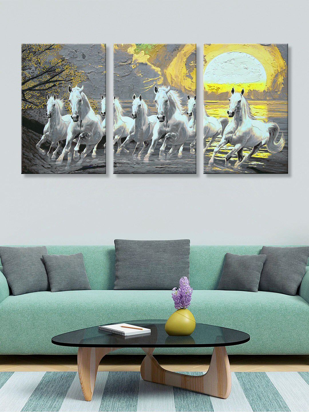 

999Store Set Of 3 Running Horse Background & Sunrise Canvas Wall Art, Grey