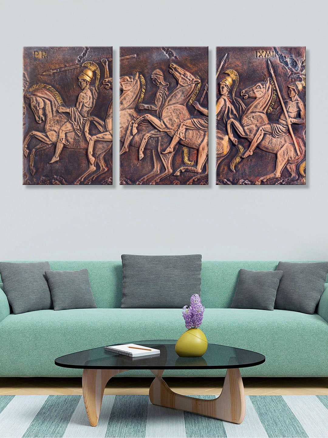 

999Store Brown & Copper-Toned Horse Printed 3 Panelled Canvas Painting