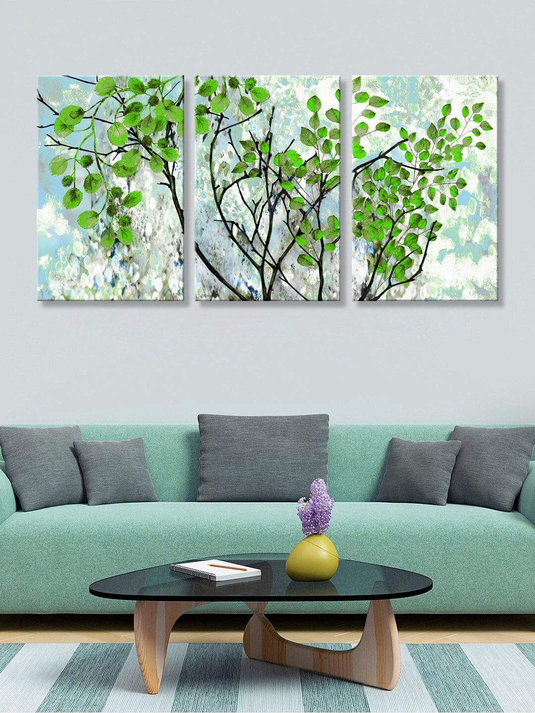 

999Store Set of 3 Blue & Green Leaves HD Canvas Wall Paintings