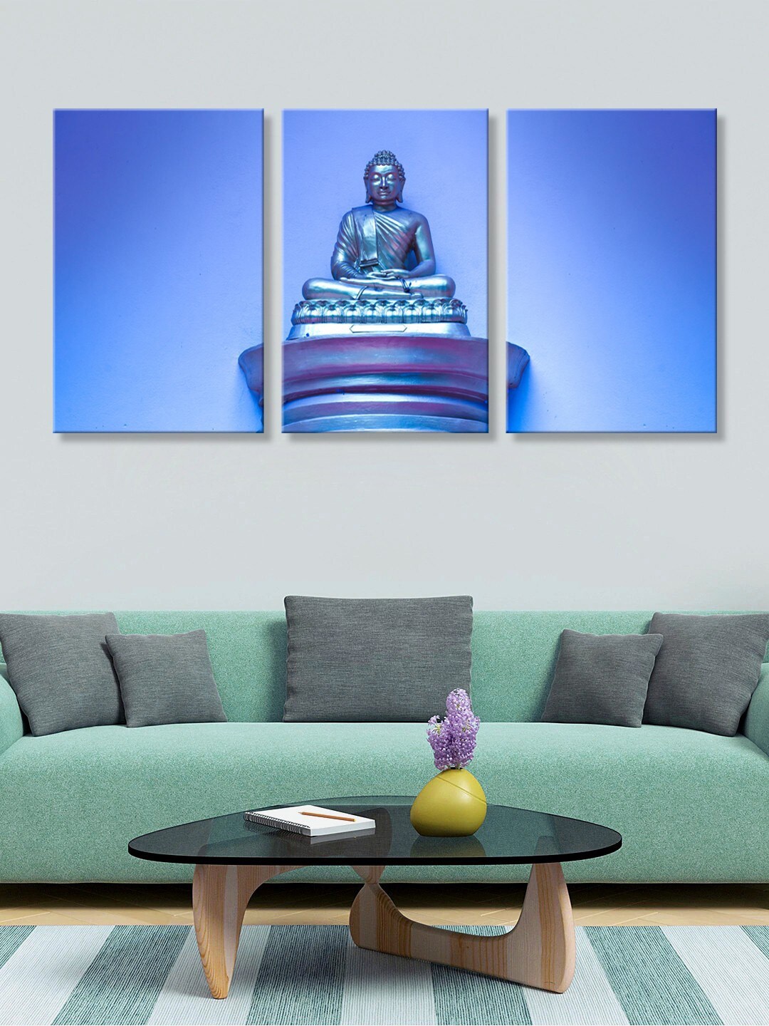 

999Store Set of 3 Blue Lord Buddha Canvas Painting Wall Art