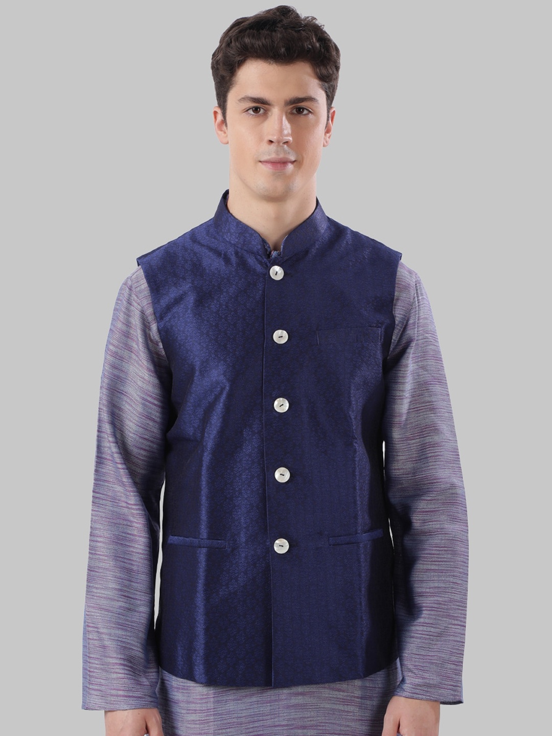 

Ethnix by Raymond Men Navy Blue Woven Design Nehru Jacket