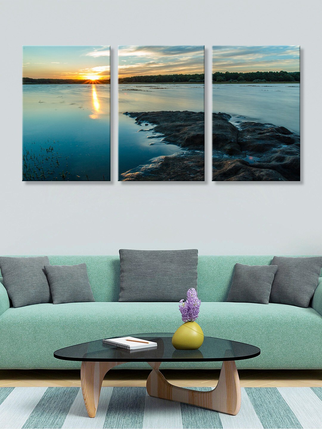 

999Store Set of 3 Blue Beach Sunrise Canvas Painting Wall Art